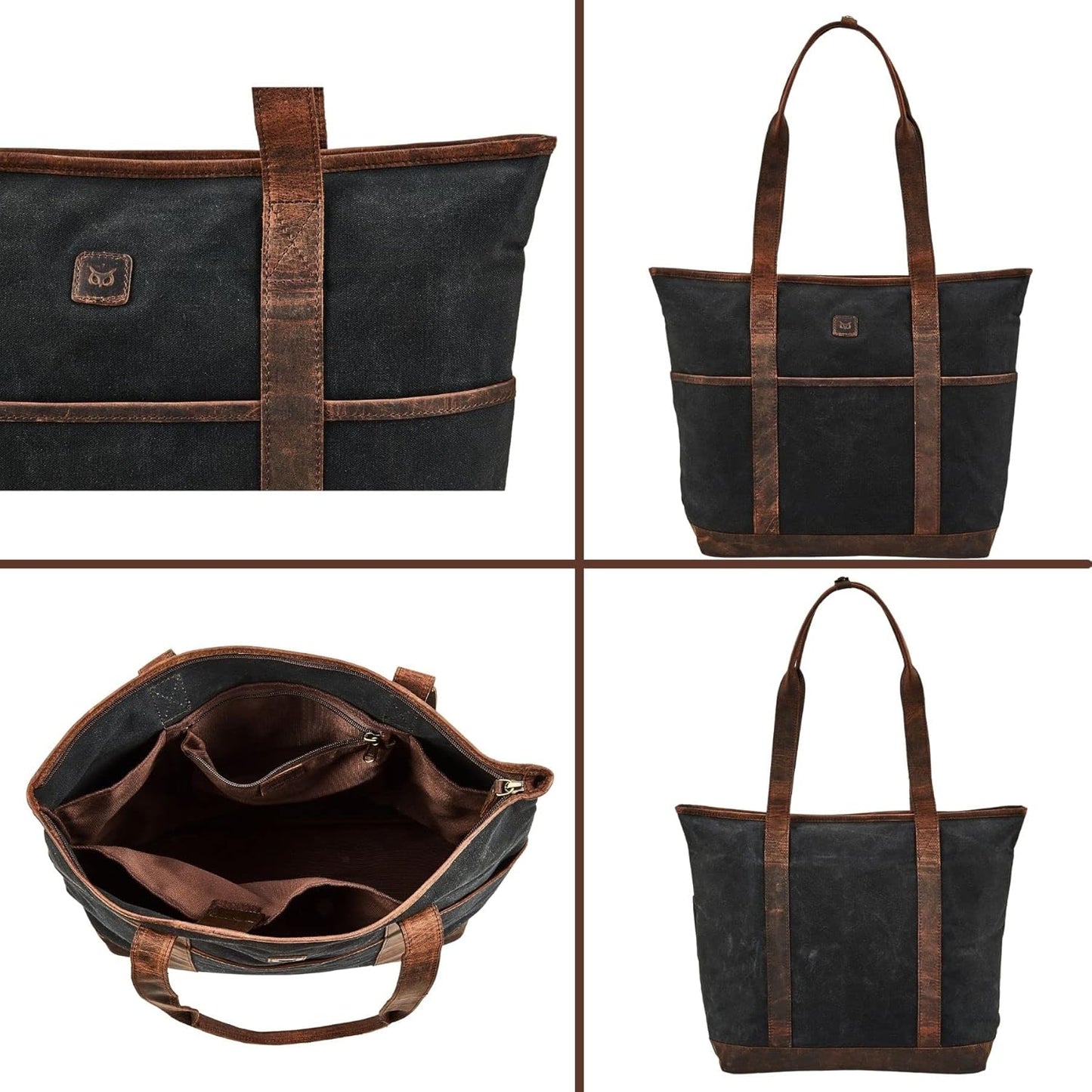 Wise Owl 16oz Waxed Cotton Canvas & Crazy Horse Leather Tote Bag