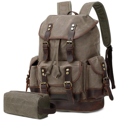 Wogarl Vintage Waxed Canvas & Genuine Crazy Horse Leather Backpack