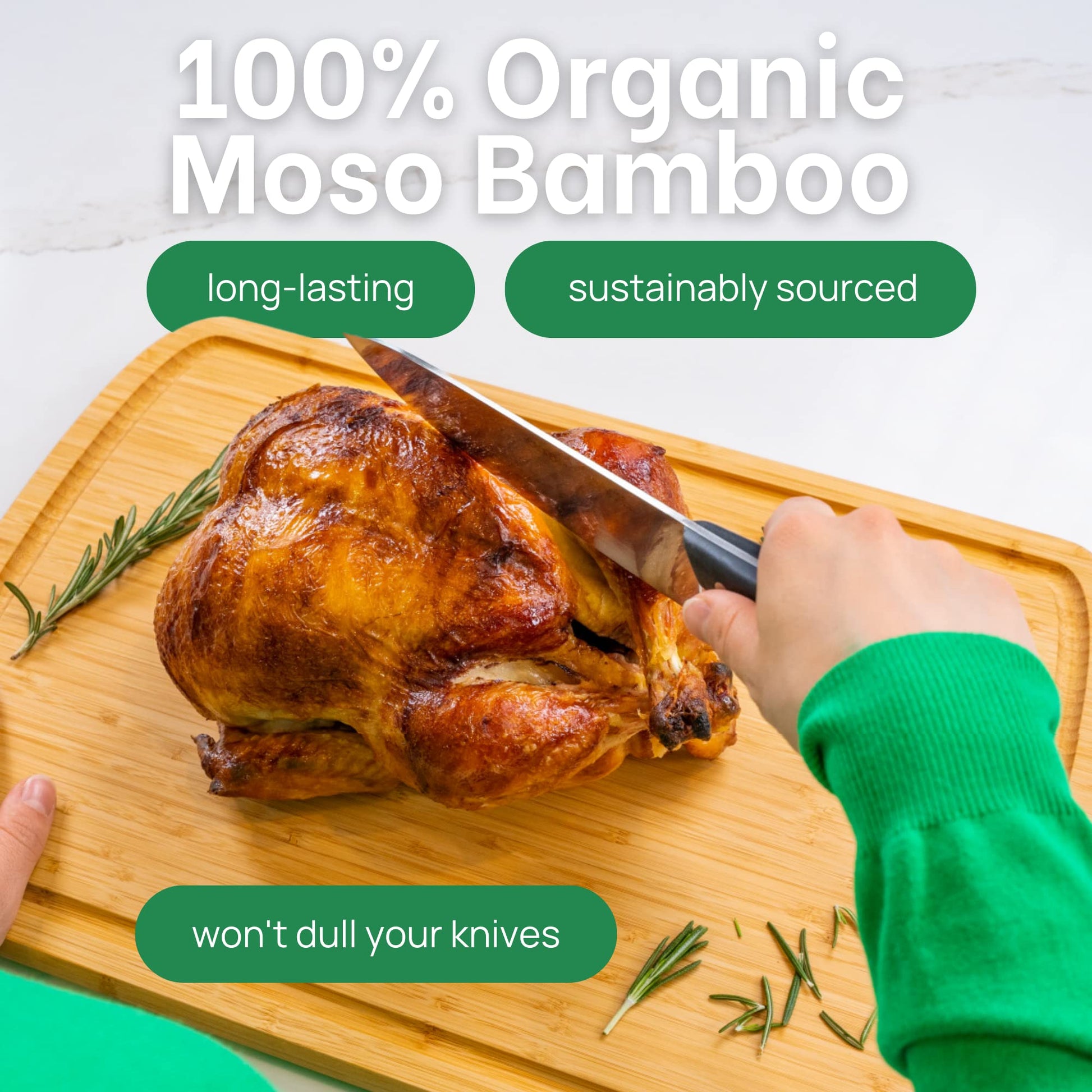 Roasted chicken being carved on a wooden cutting board with text about organic Moso Bamboo knives.