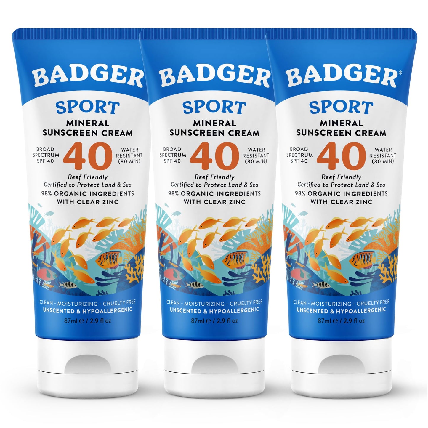 Badger Sport Mineral Sunscreen, Reef Safe, SPF 40, 98% Organic with Zinc Oxide, Water Resistant, Hawaii Reef Act 104 Compliant, Unscented & Hypoallergenic, For Sports & Adventures, 2.9 fl oz