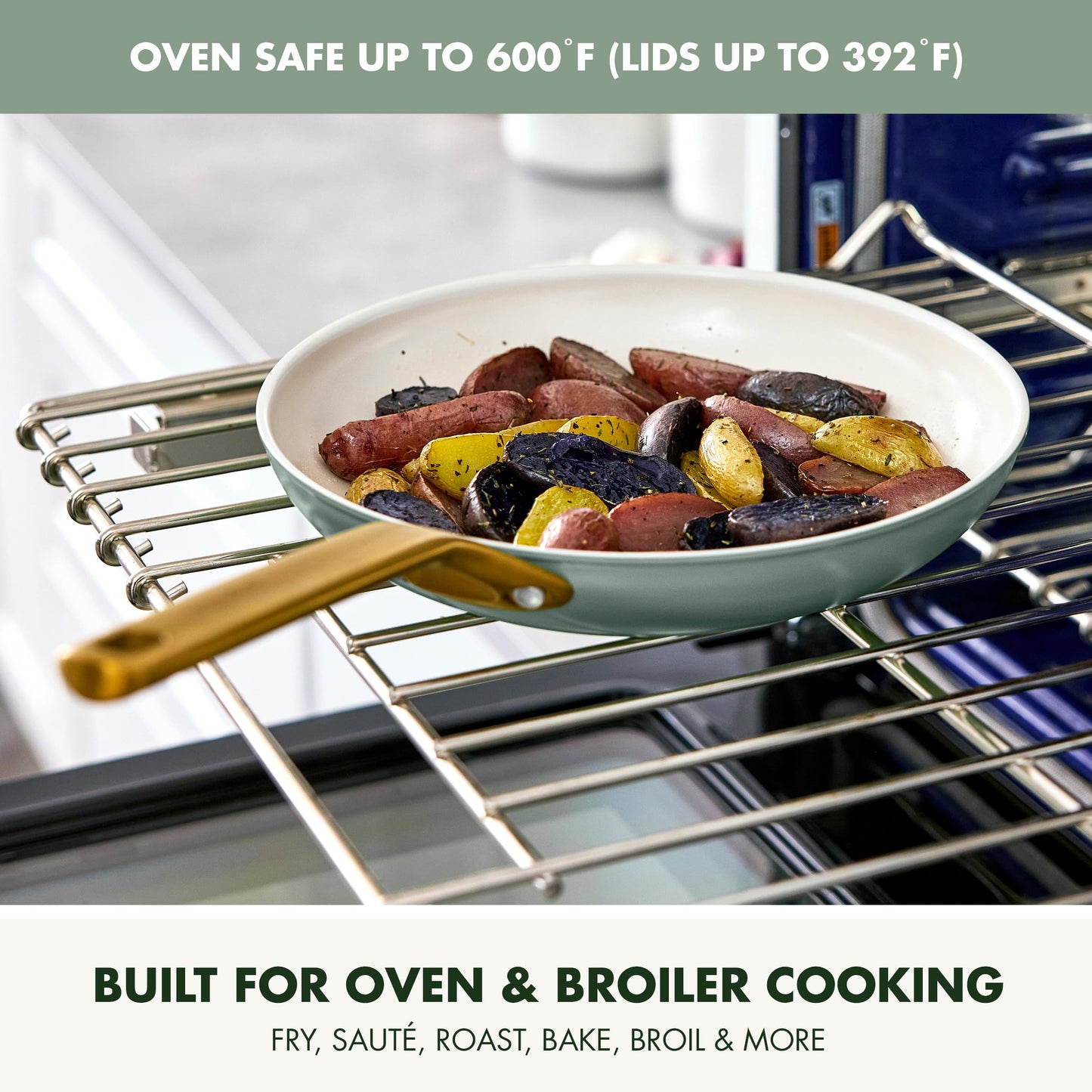 Frying pan with vegetables on an oven rack, text about oven safety and cooking methods.