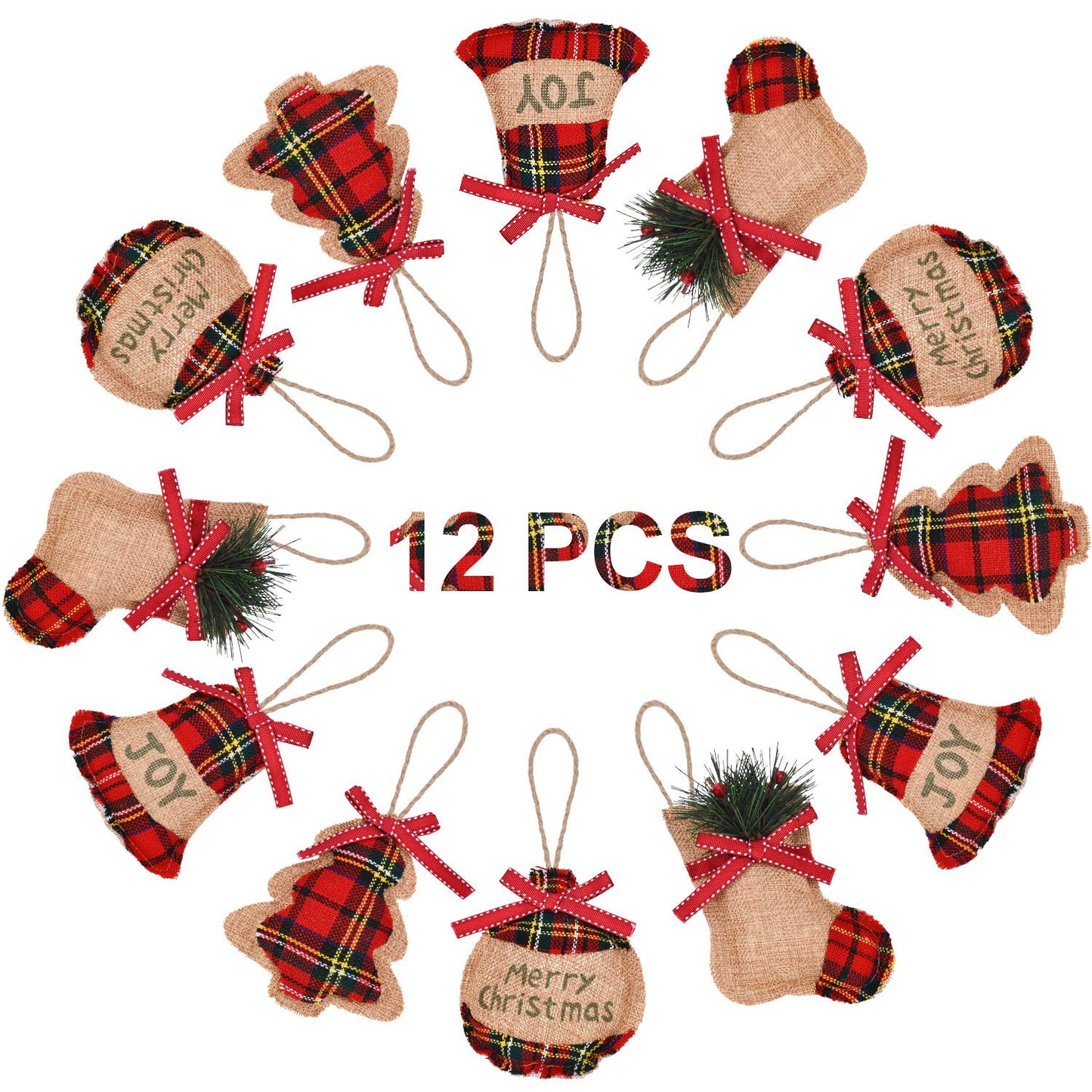 Natural Burlap & Cotton Ornaments (12 Pcs): Zero-Plastic Buffalo Plaid for Sustainable Decor