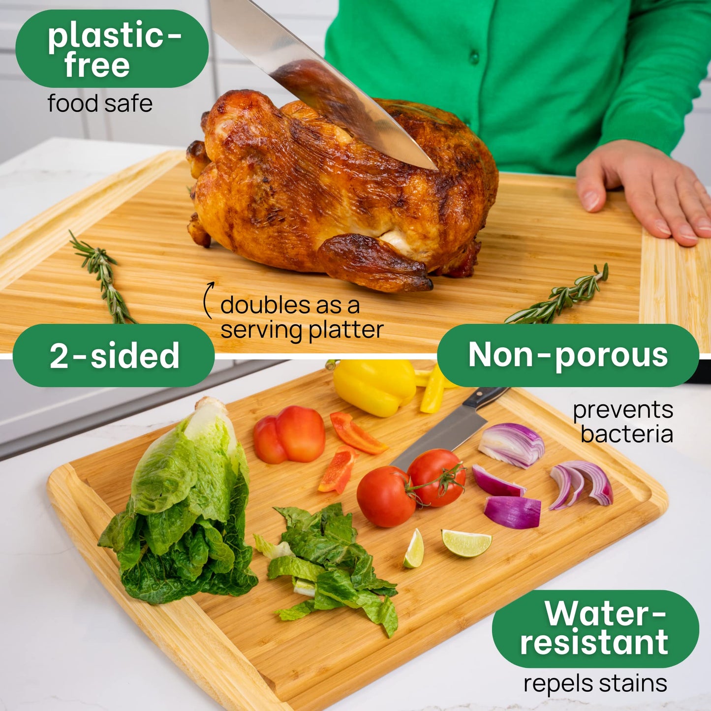 Wooden cutting board with a roasted chicken and vegetables, featuring text on its properties.