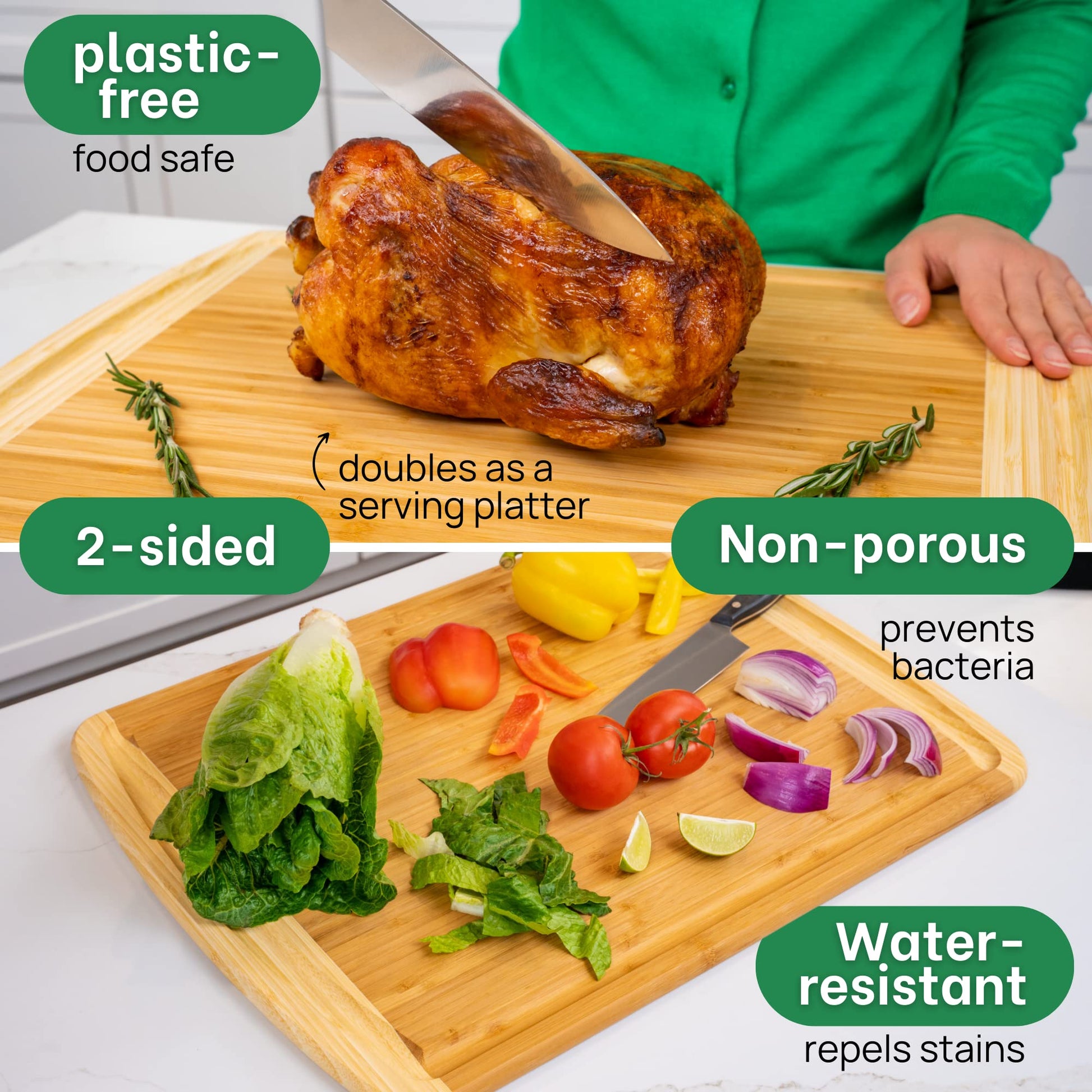 Wooden cutting board with a roasted chicken and vegetables, featuring text on its properties.