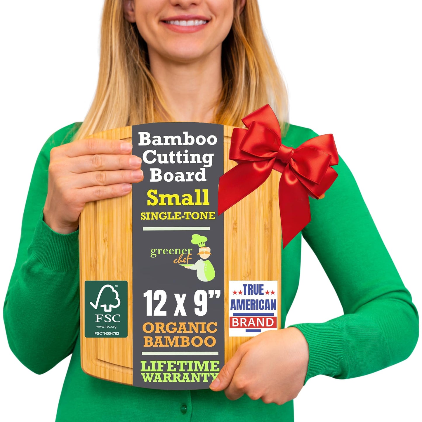 Person holding a bamboo cutting board with a red bow, featuring product details on a white background.