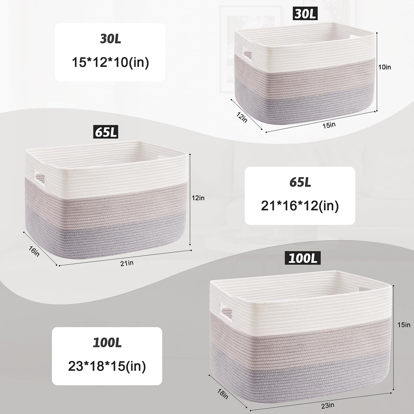 Artfeel 65L Rectangle Woven Natural Cotton Rope Storage Basket