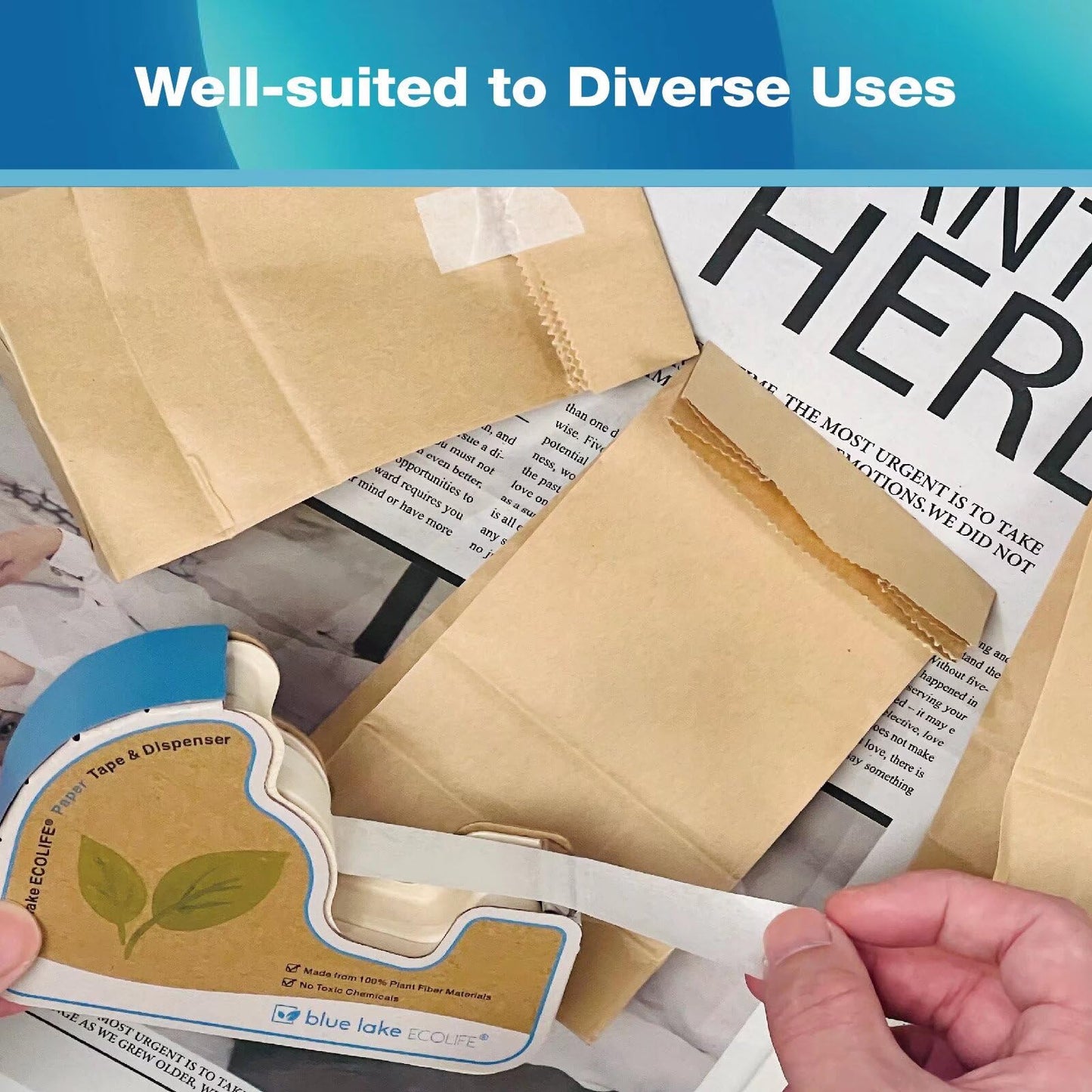 The Zero-Waste Office: Plastic-Free Tape Dispenser with 4 Rolls of Plant-Based Paper Tape