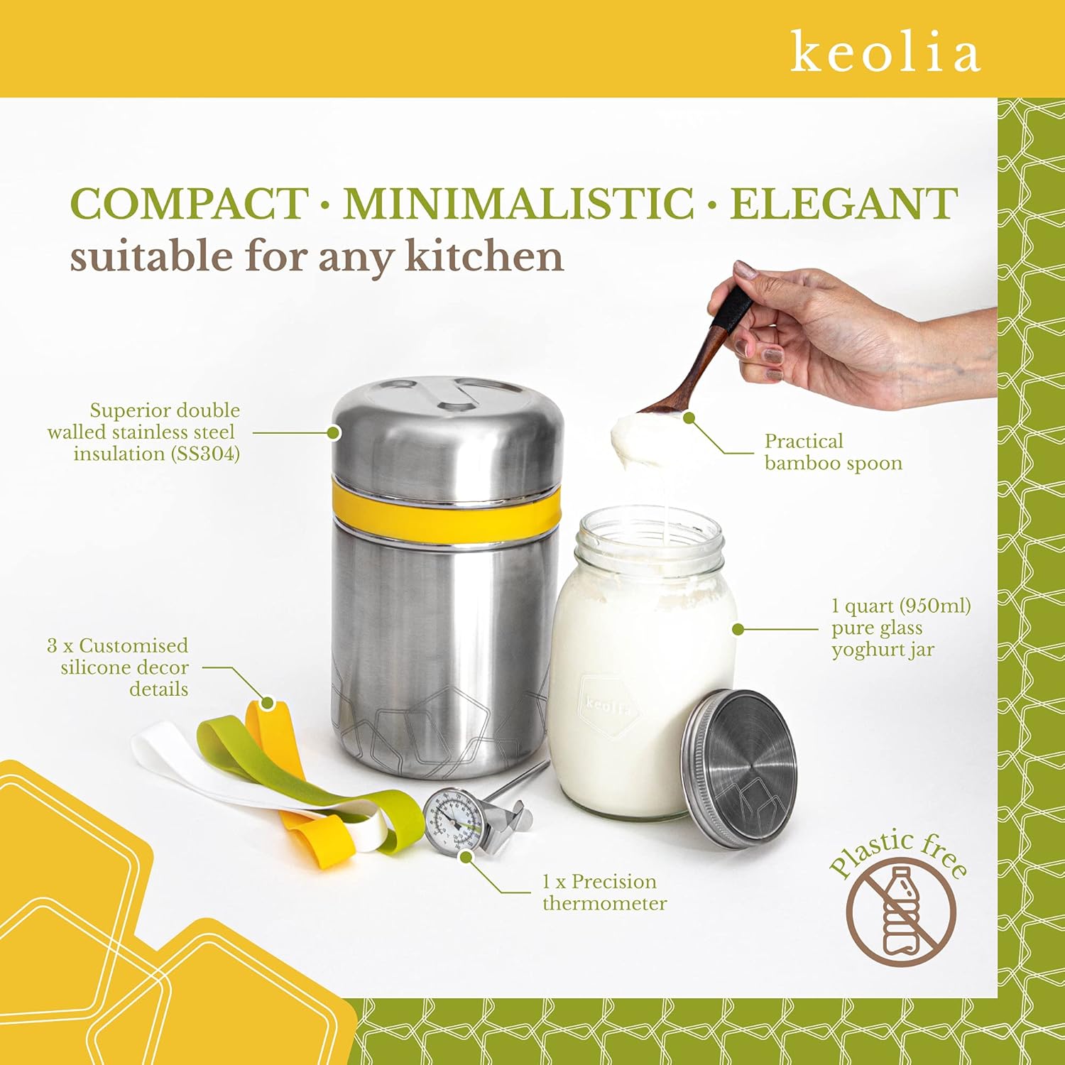 Stainless steel and glass kitchen set with text highlighting features, including 'keolia' brand.