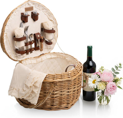 Picnic Time Heart Picnic Basket for 2 - Handwoven Antique Willow