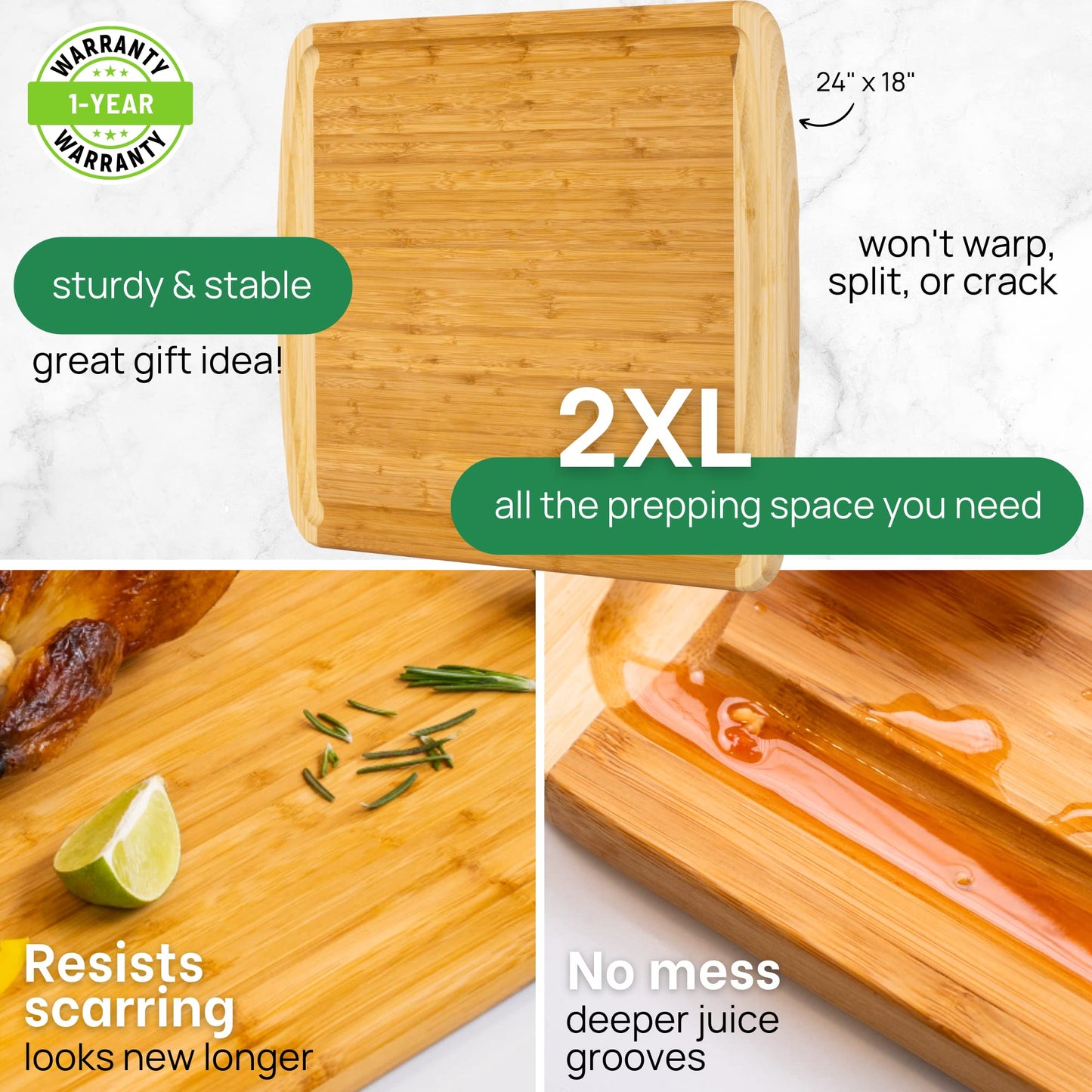 Microplastic-Free & Non-Toxic Greener Chef XL Organic Bamboo Cutting Board