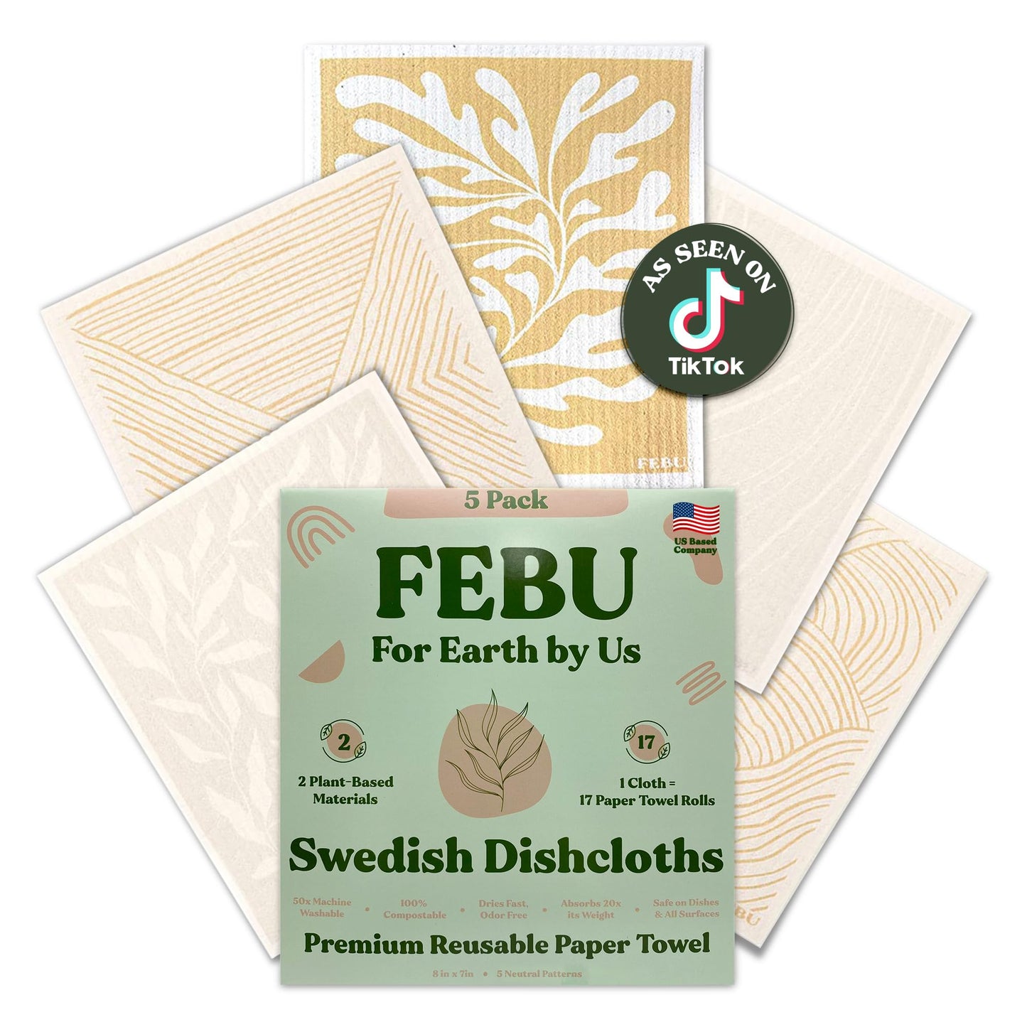 FEBU Swedish Dishcloths – 5 Pack Biodegradable Cotton‑Cellulose Cleaning Cloths