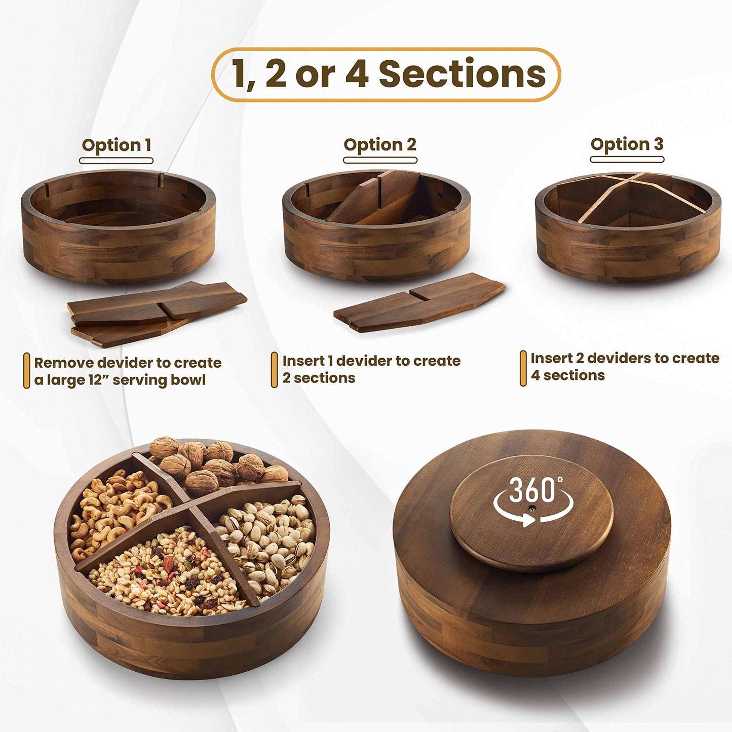 12" Acacia Wood Lazy Susan Organizer with 4 Dividers