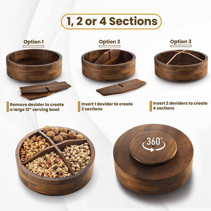 12" Acacia Wood Lazy Susan Organizer with 4 Dividers