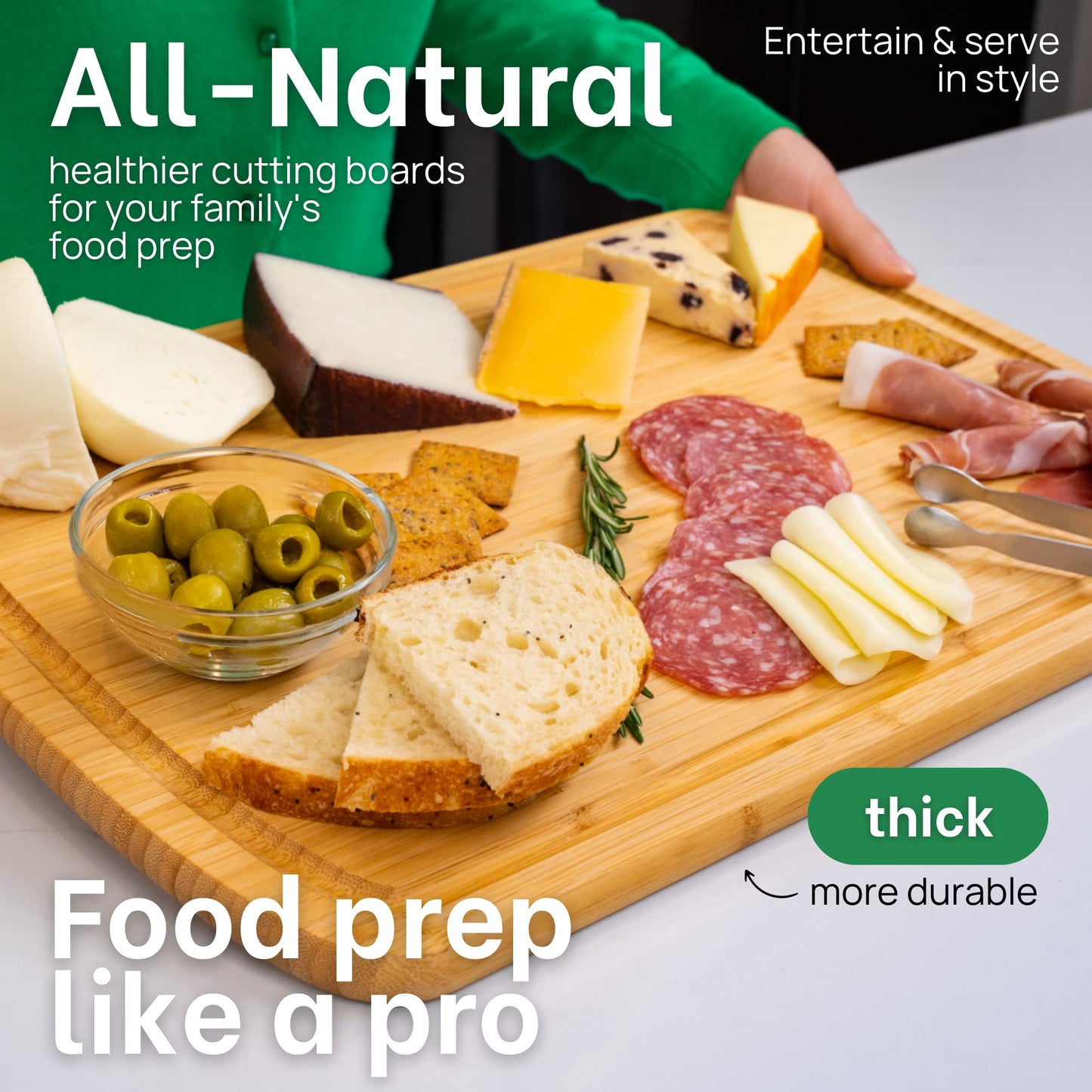 Wooden cutting board with food items and text about all-natural cutting boards.