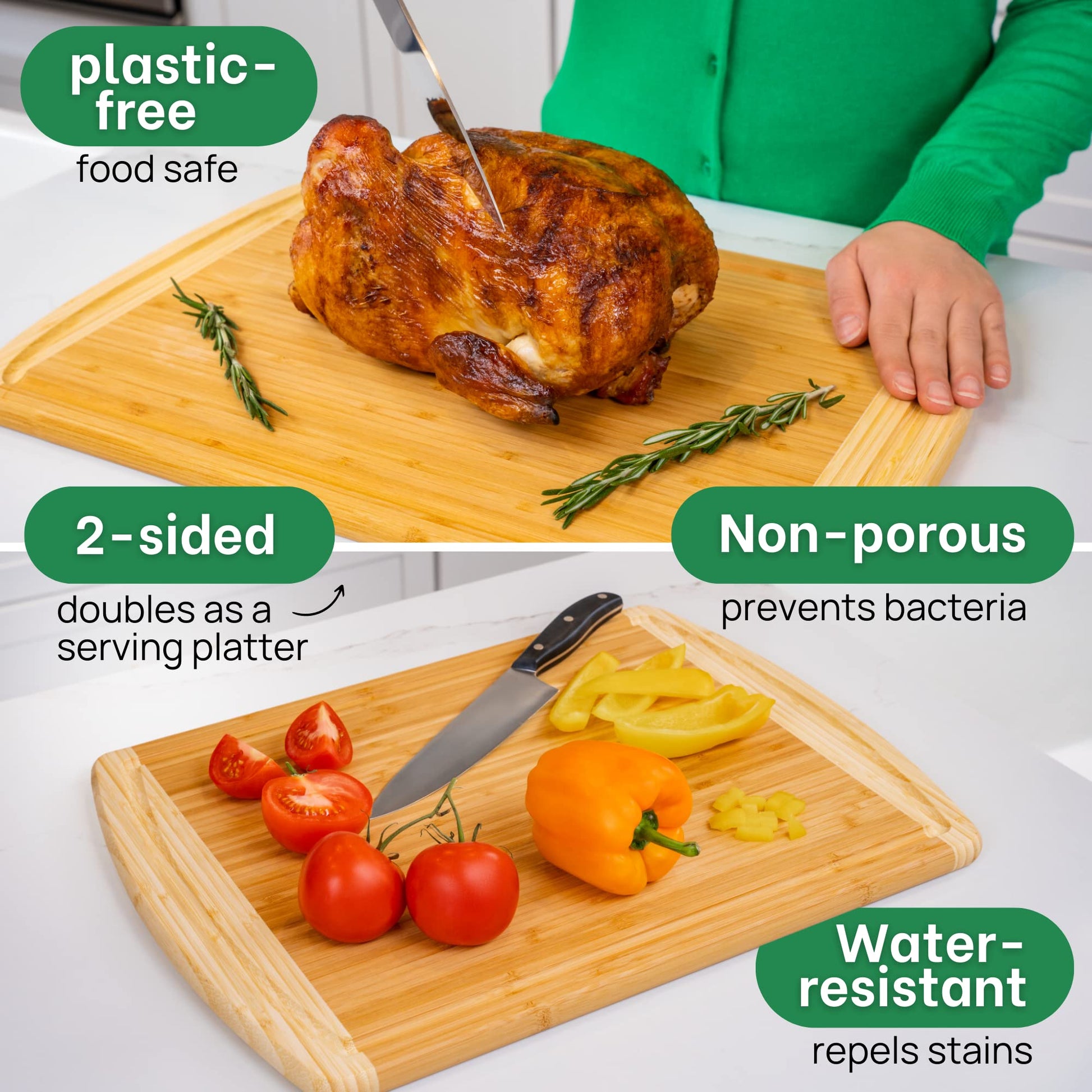 Wooden cutting board with a roasted chicken and vegetables, highlighting features like plastic-free, food-safe, 2-sided, non-porous, water-resistant, and doubles as a serving platter.