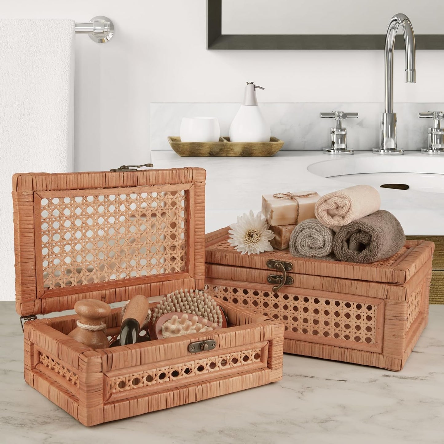 CASALLURA Handcrafted Rattan Storage Box Set with Hinged Lids