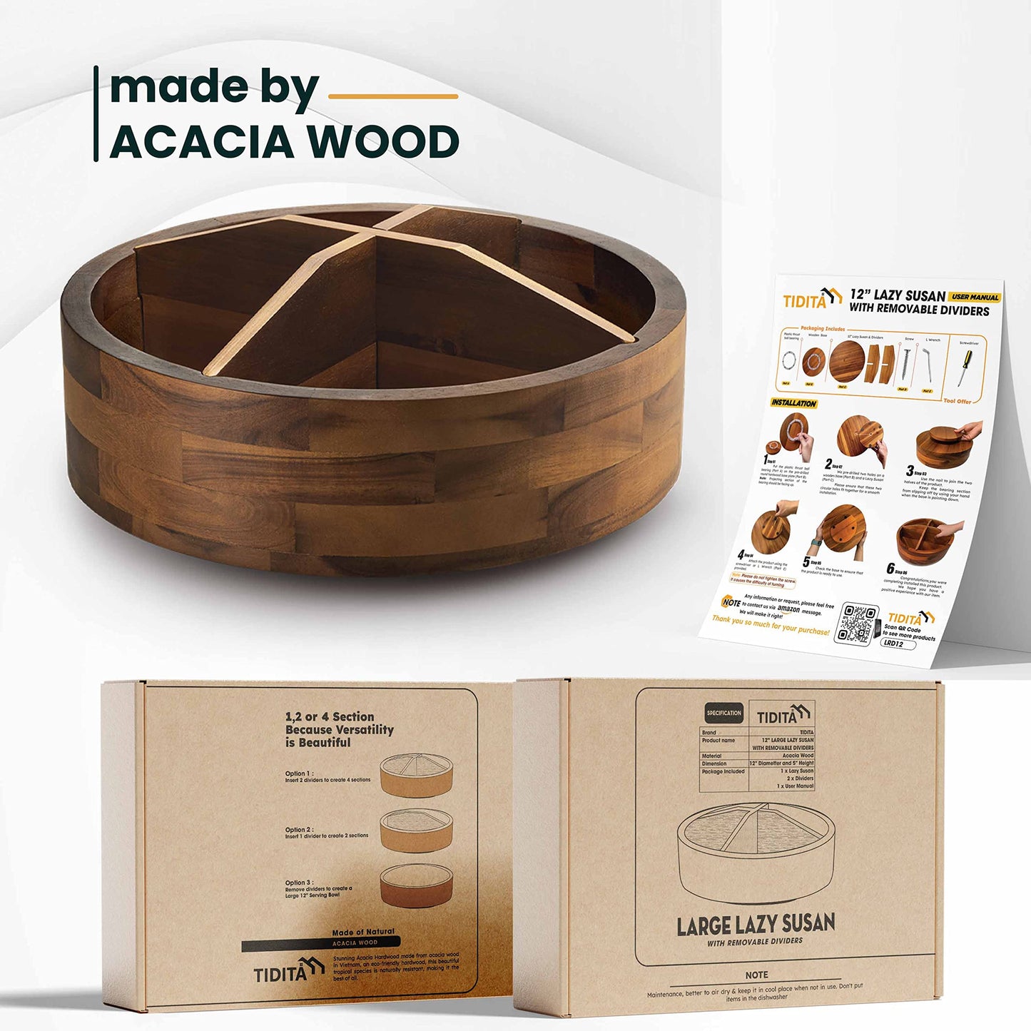 12" Acacia Wood Lazy Susan Organizer with 4 Dividers