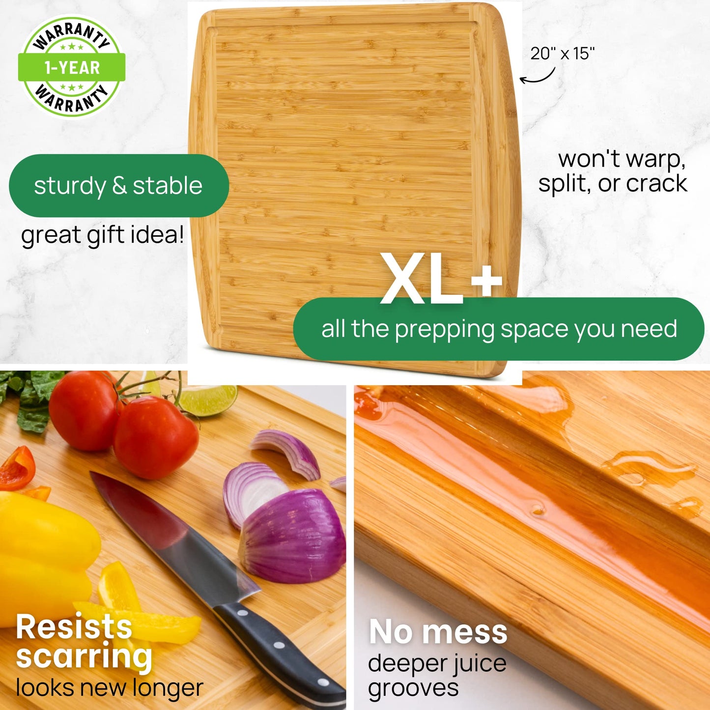 Wooden cutting board with text highlighting features on a white background