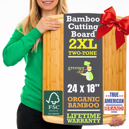 Person holding a large bamboo cutting board with promotional text and logos.