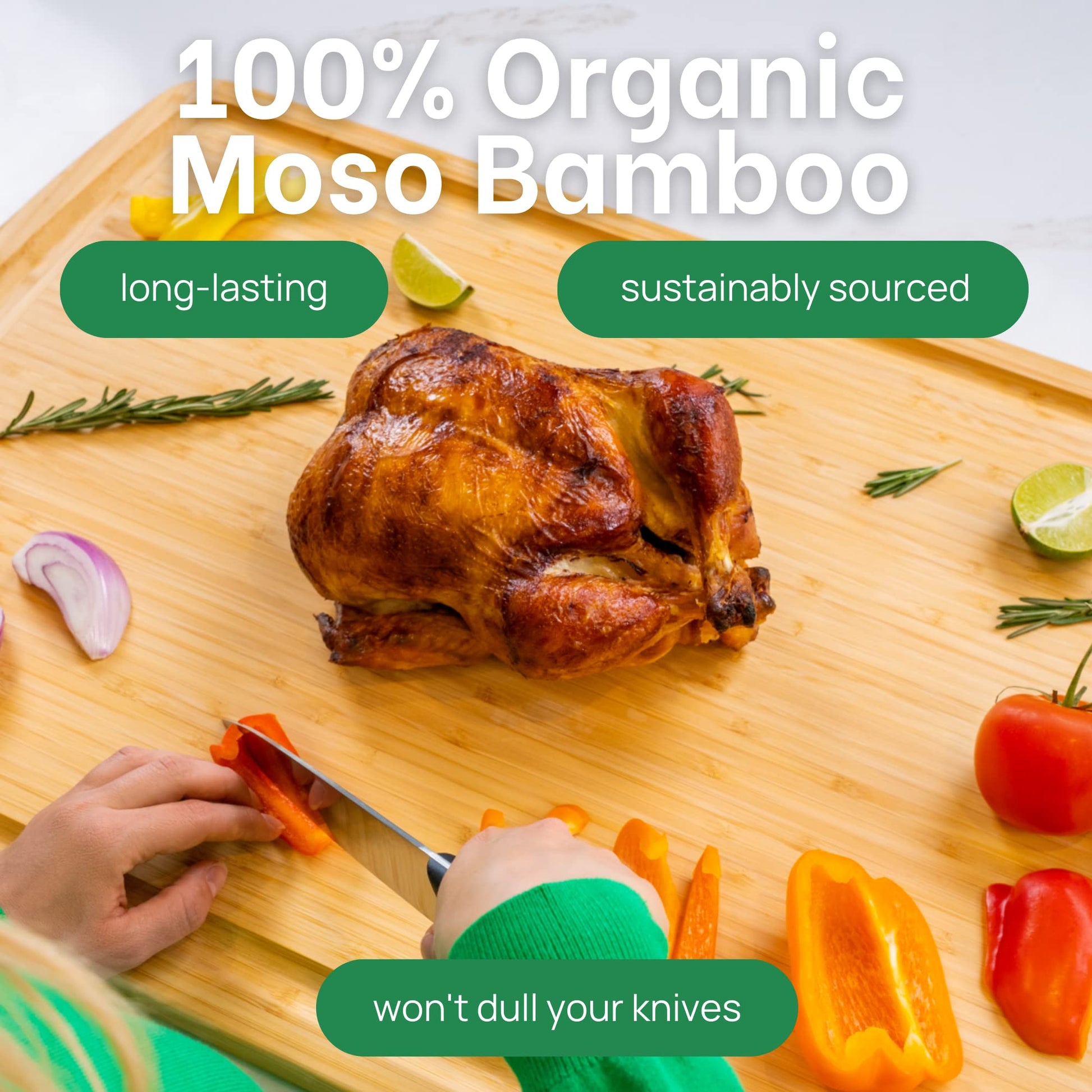 Roasted chicken on a wooden cutting board with vegetables and text about organic Moso Bamboo.