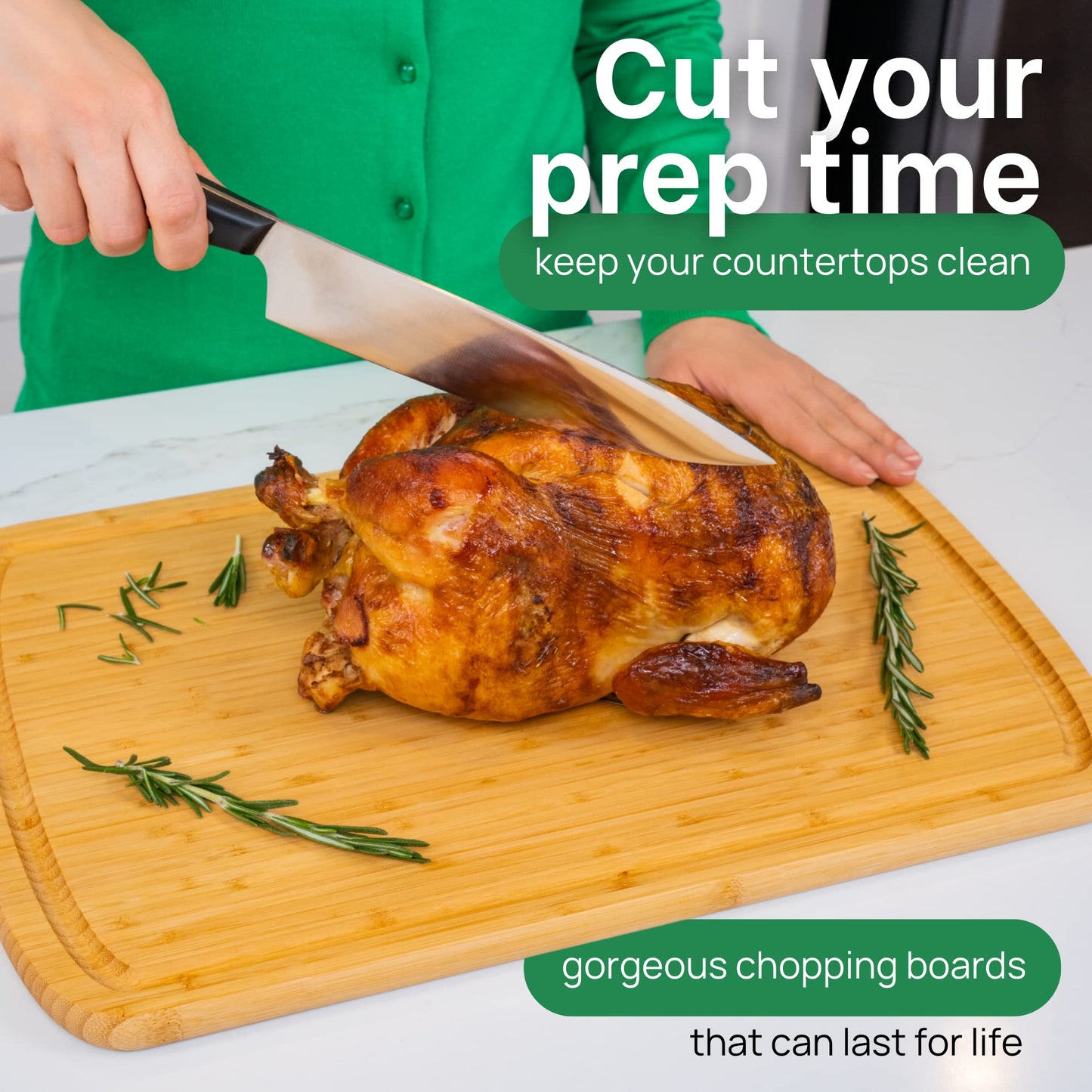 Person cutting a roasted chicken on a wooden chopping board with text promoting chopping boards.