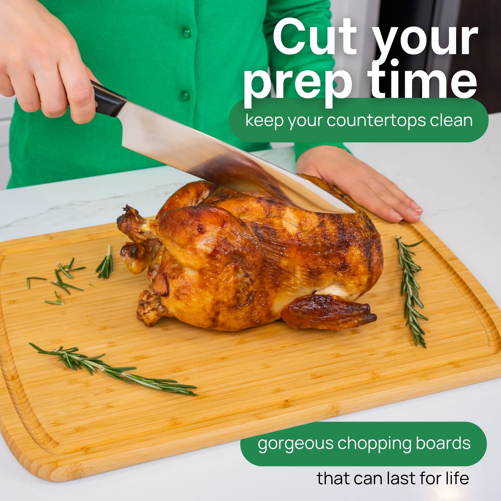 Person cutting a roasted chicken on a wooden chopping board with text promoting chopping boards.