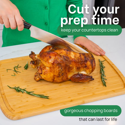 Person cutting a roasted chicken on a wooden chopping board with text promoting chopping boards.