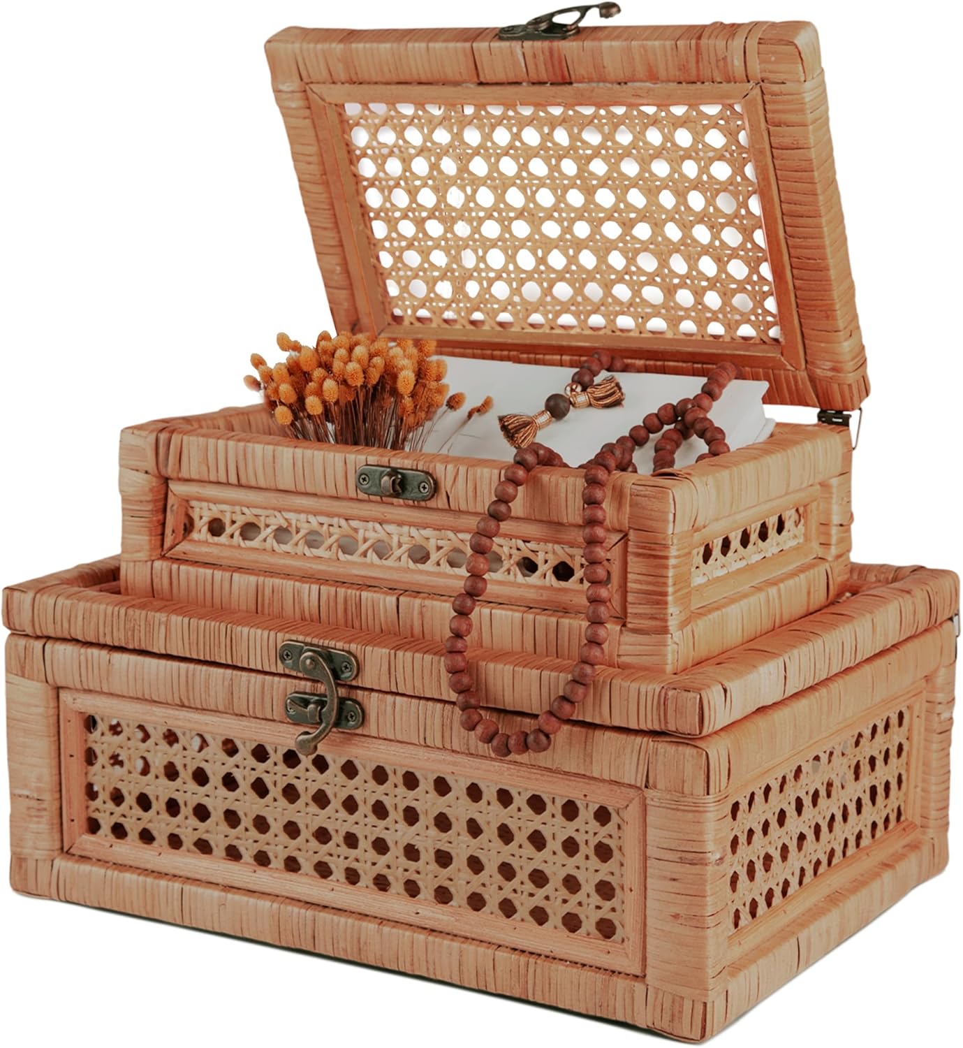 CASALLURA Handcrafted Rattan Storage Box Set with Hinged Lids