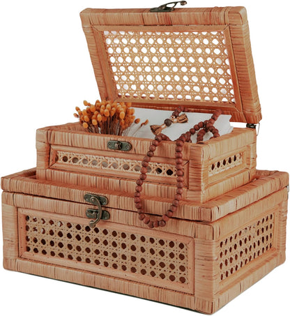 CASALLURA Handcrafted Rattan Storage Box Set with Hinged Lids