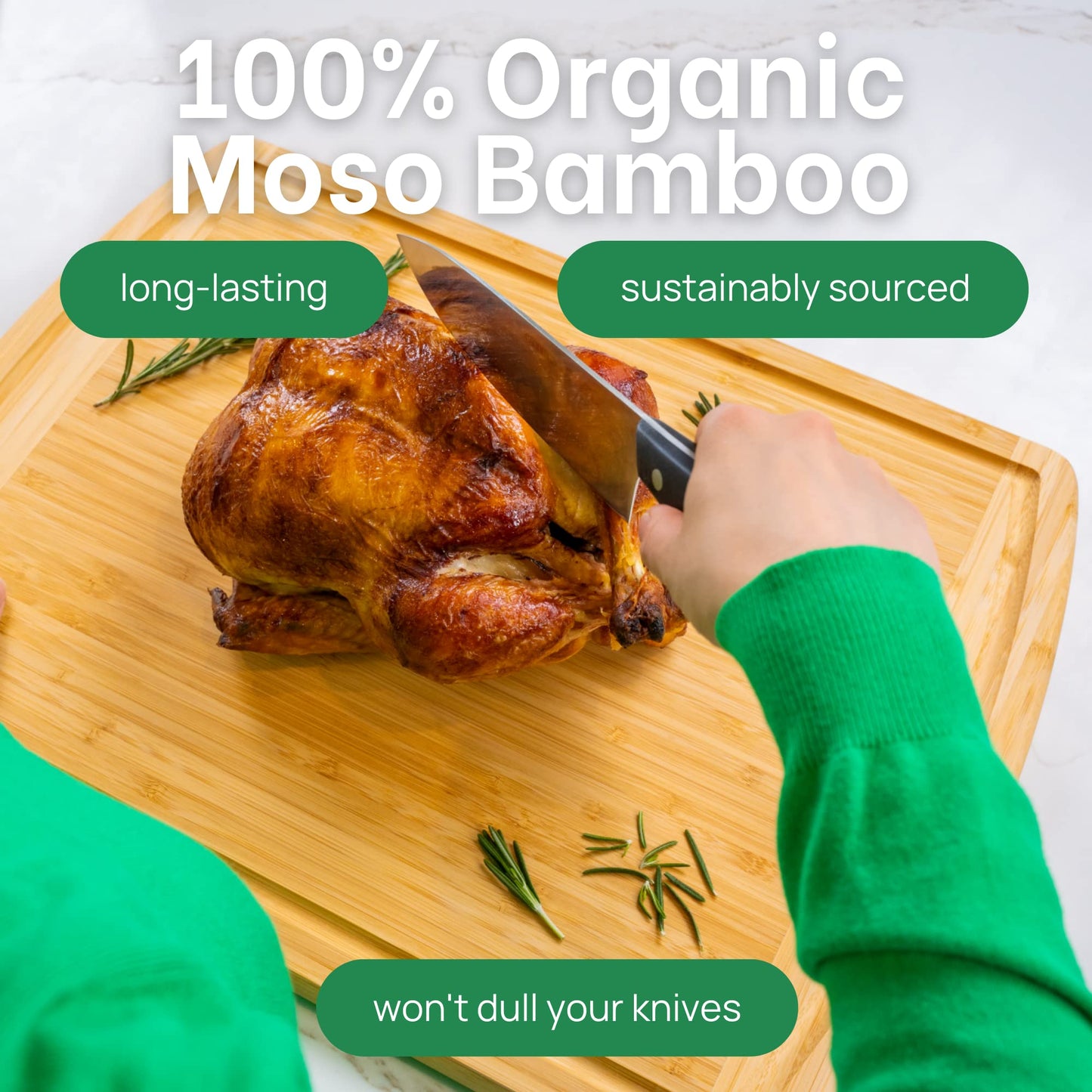 Person cutting a roasted chicken on a bamboo cutting board with text about organic bamboo.