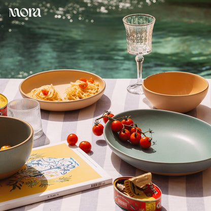 Mora Medium Ceramic Bowls, Set of 4 (28 oz, Oat)