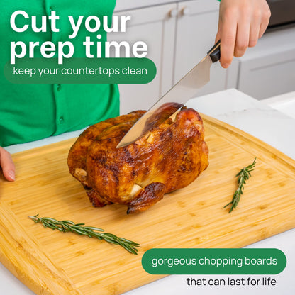 Person cutting a roasted chicken on a wooden chopping board with text promoting the use of chopping boards.