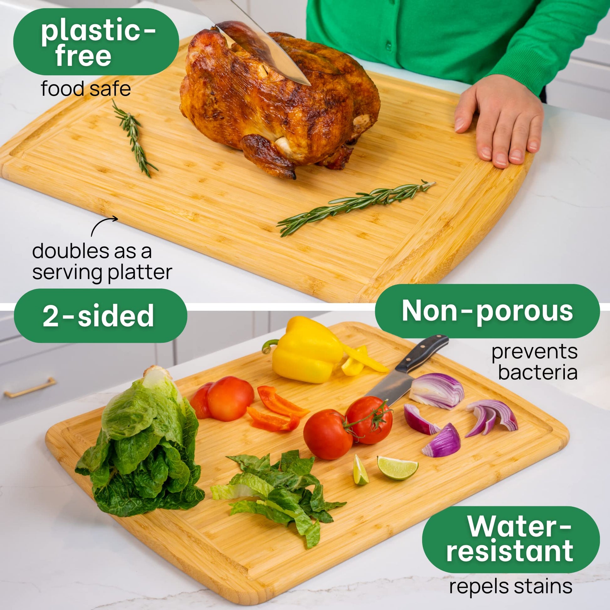 Wooden cutting board with a roasted chicken and vegetables, featuring text about its properties.