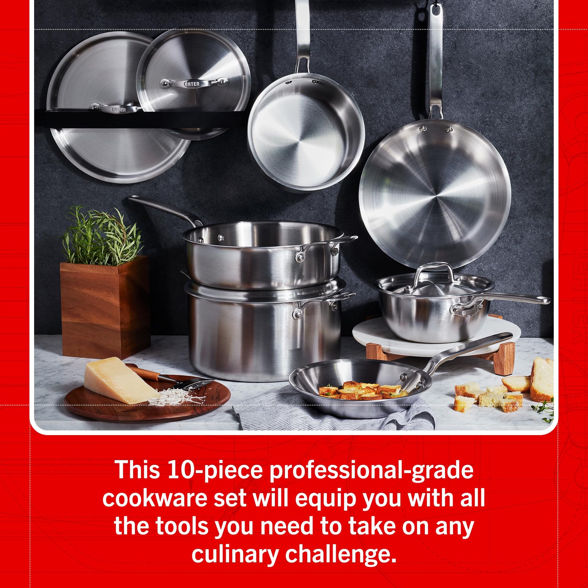 10-piece professional-grade cookware set with pots, pans, and lids on a dark background.