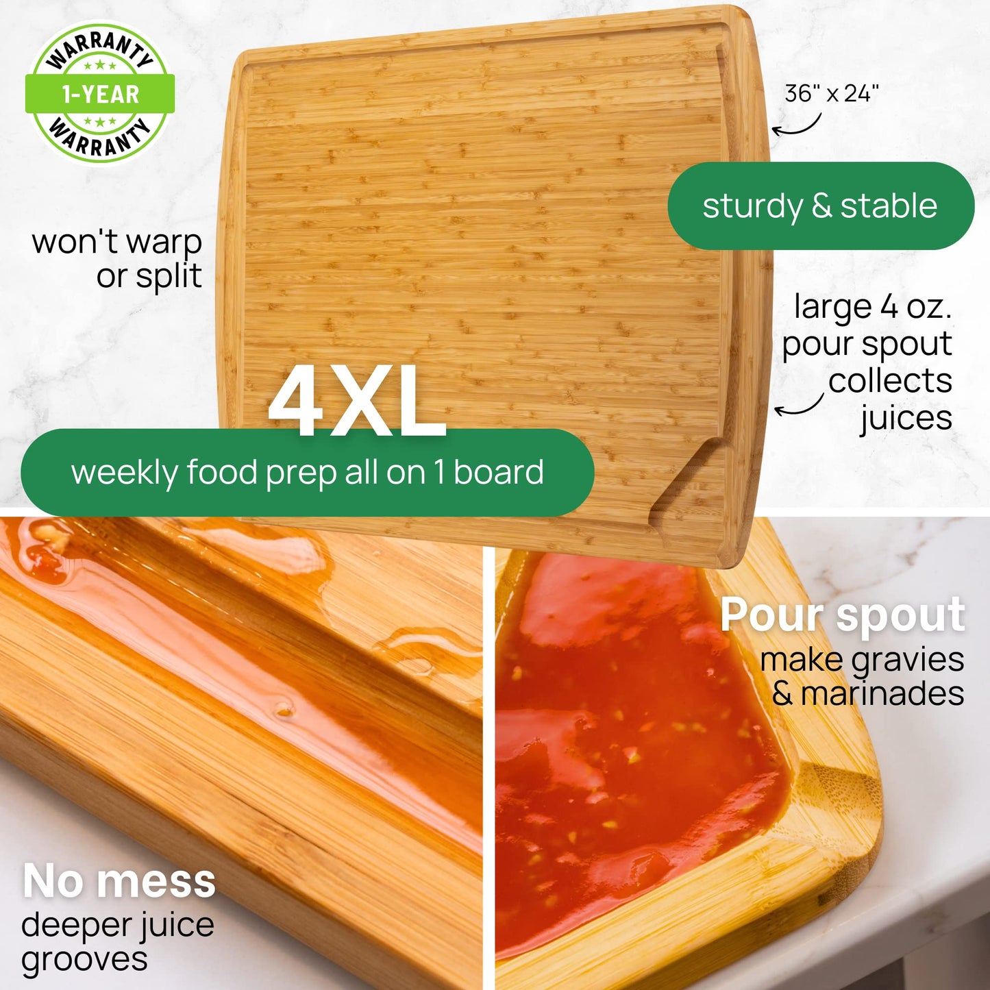 Bamboo cutting board with pour spout features and text highlighting its benefits.