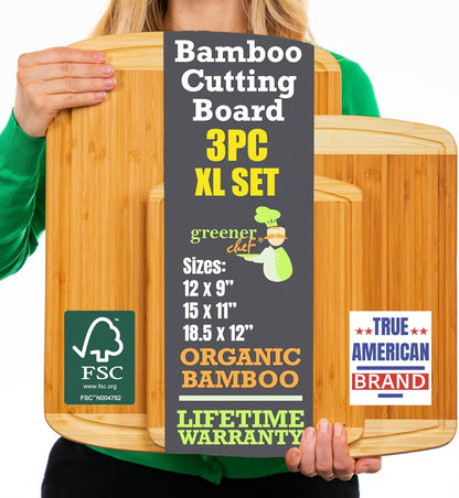 Greener Chef Organic Bamboo Board Set: 3-Piece Vertical Grain Collection.