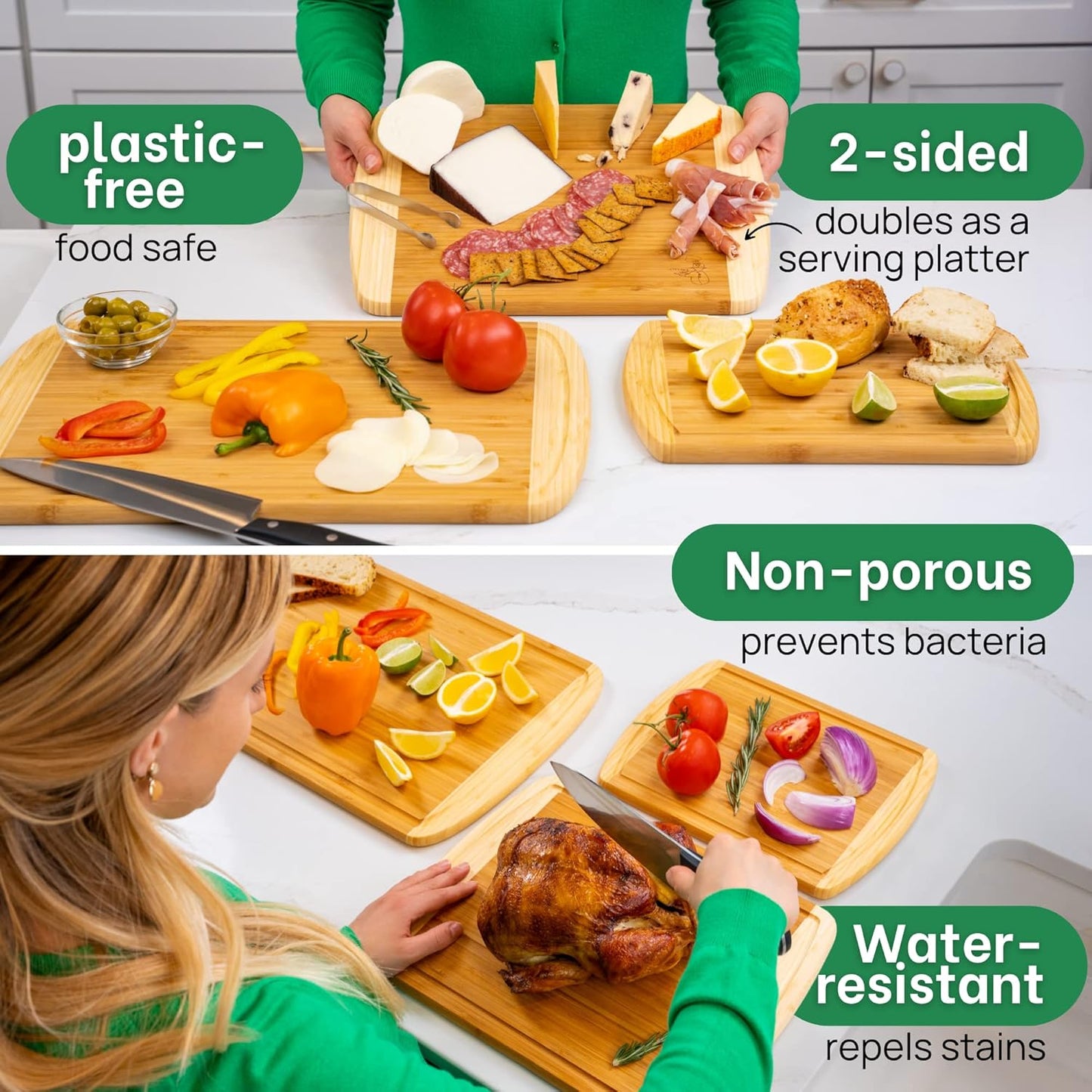 Greener Chef Organic Bamboo Board Set: 3-Piece Vertical Grain Collection.