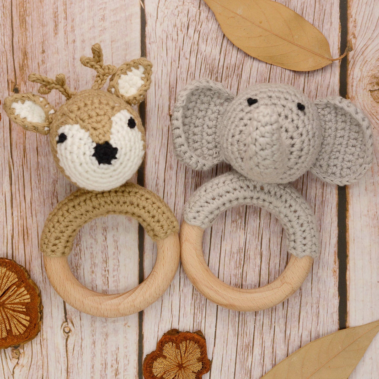 Joliecraft Woodland Friends Baby Rattle: Cotton & Beechwood Elephant