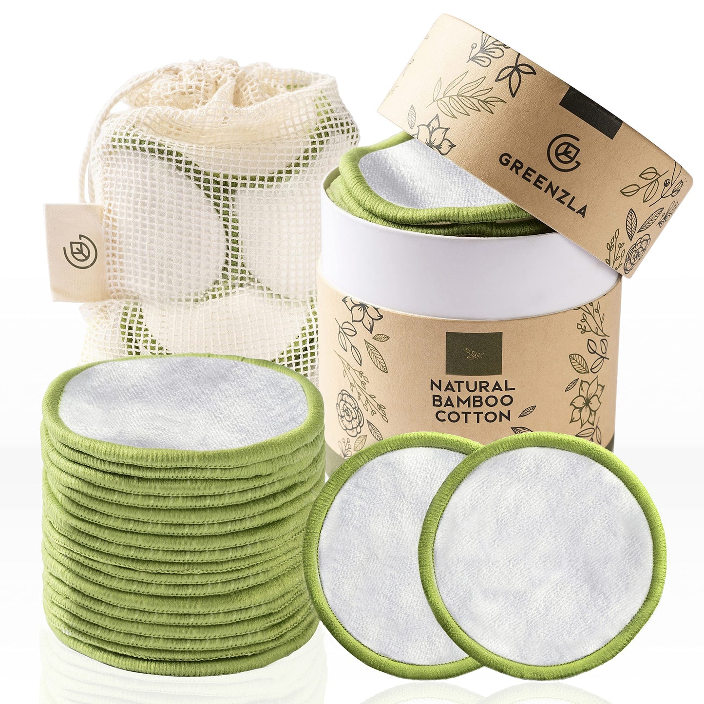 Greenzla Reusable Makeup Remover Pads: 20-Pack Bamboo Cotton Rounds