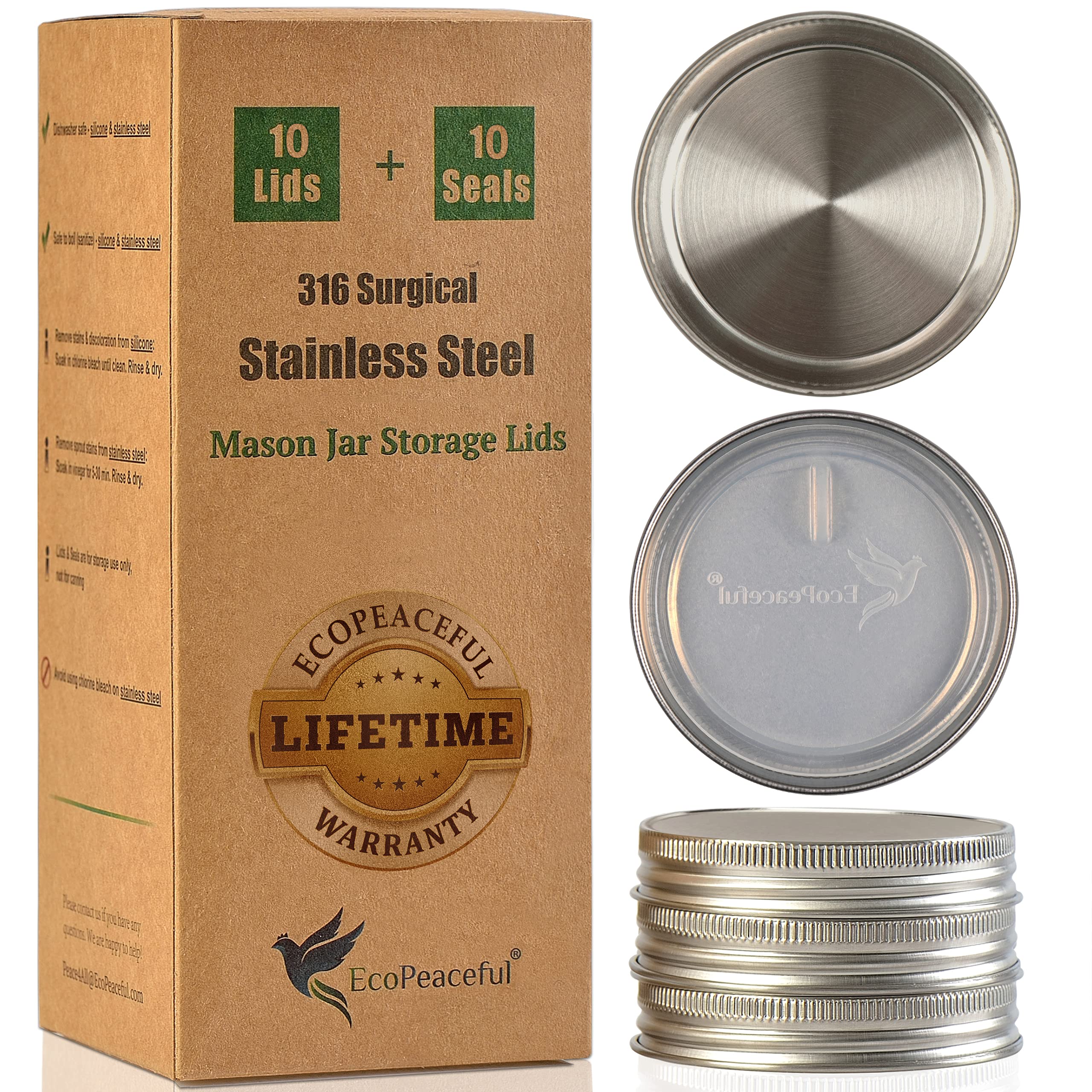 EcoPeaceful stainless steel mason jar lids with packaging and additional lids on a white background