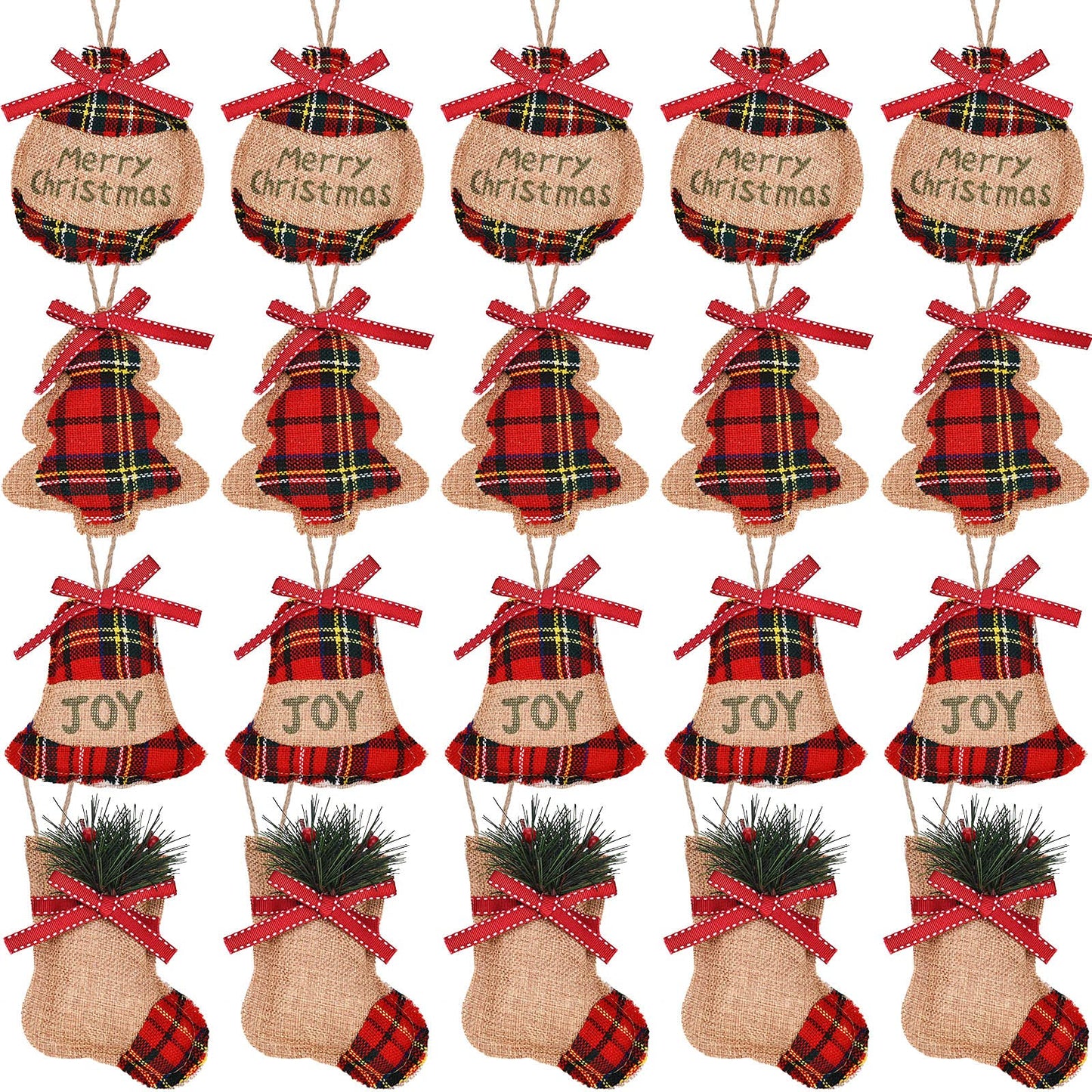 Natural Burlap & Cotton Ornaments (12 Pcs): Zero-Plastic Buffalo Plaid for Sustainable Decor