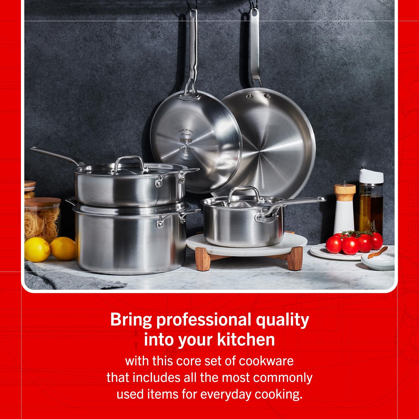 Set of stainless steel cookware on a gray surface with a red border and text.