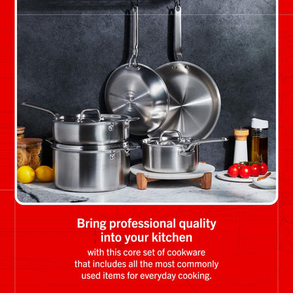 Set of stainless steel cookware on a gray surface with a red border and text.