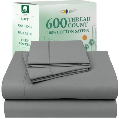 California Design Den 100% Cotton Sateen Sheets: 600 TC Luxury Set