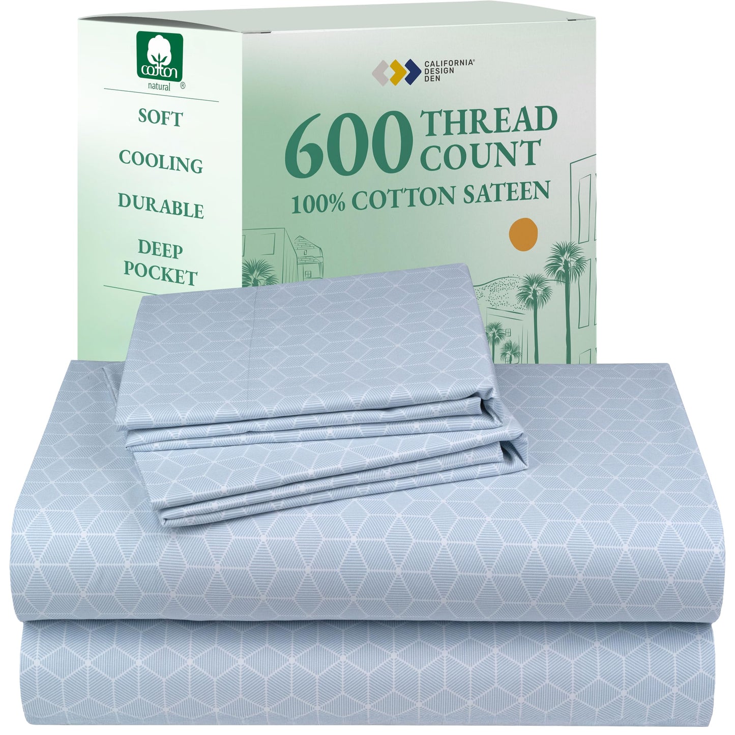 California Design Den 100% Cotton Sateen Sheets: 600 TC Luxury Set