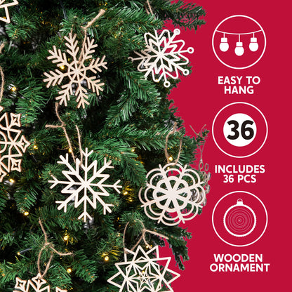 36 Pcs Natural Wood Snowflake Ornaments: Non-Toxic, Child Safe DIY Embellishments for Christmas