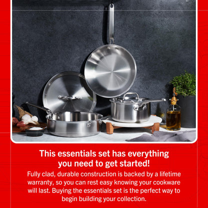 Set of stainless steel cookware on a dark surface with promotional text about the product set.