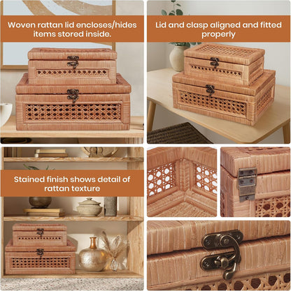 CASALLURA Handcrafted Rattan Storage Box Set with Hinged Lids