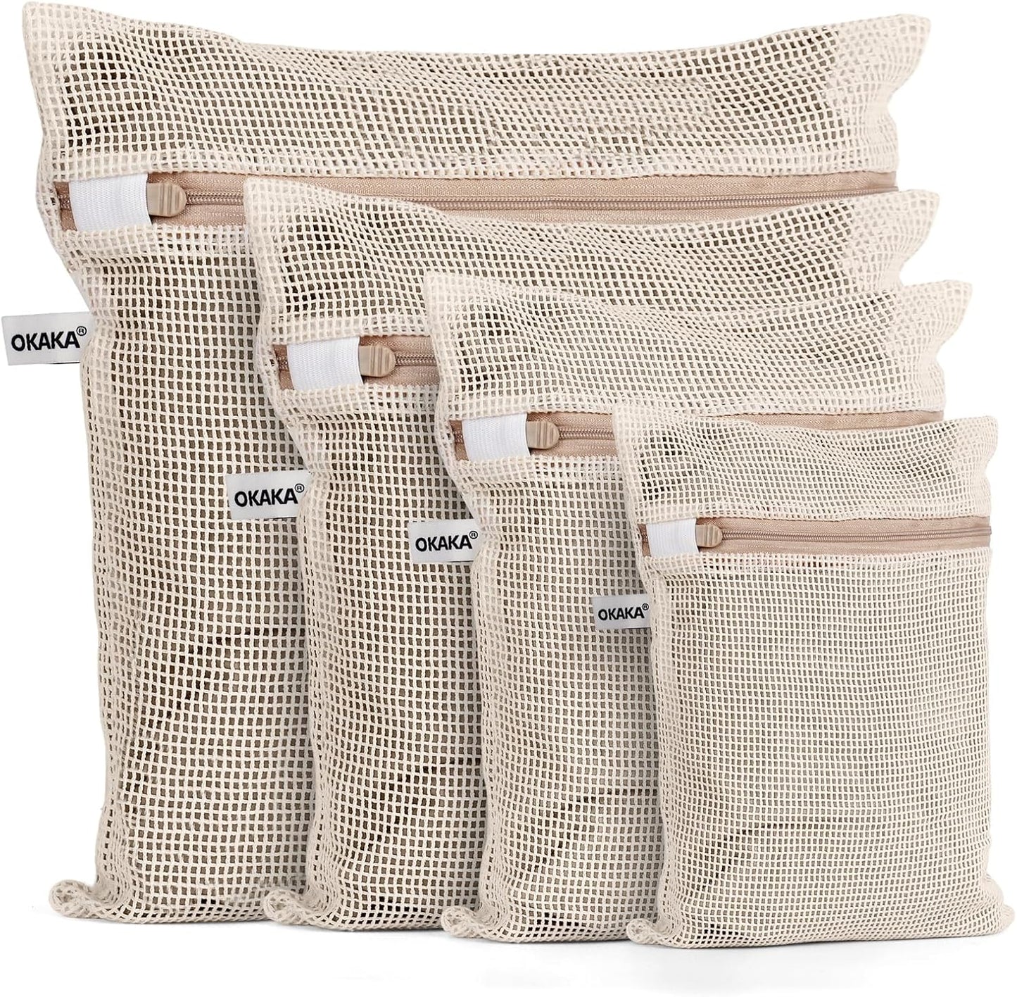 OKAKA 100% Pure Cotton Mesh Laundry Bags with Secure Zippers - Chemical-Free Garment Protection