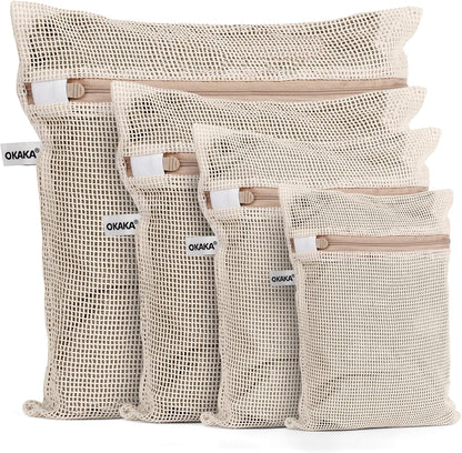 OKAKA 100% Pure Cotton Mesh Laundry Bags with Secure Zippers - Chemical-Free Garment Protection